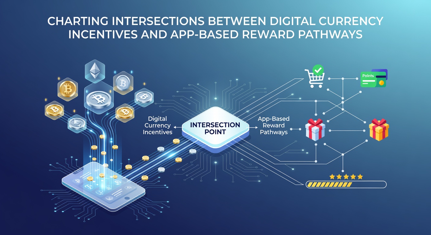 Digital currency symbols and mobile app interfaces intersecting on a network diagram