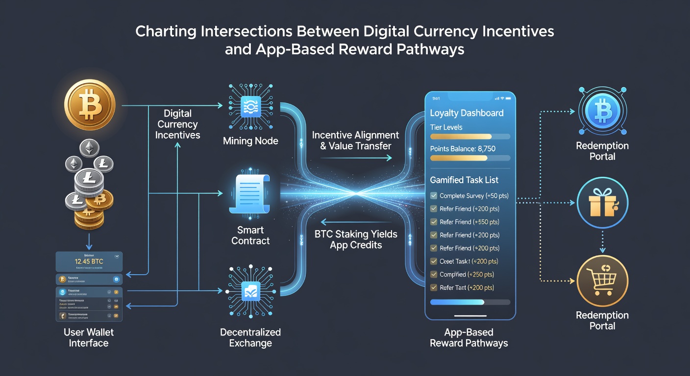 Mobile phone displaying reward points converting to cryptocurrency tokens on a blockchain network