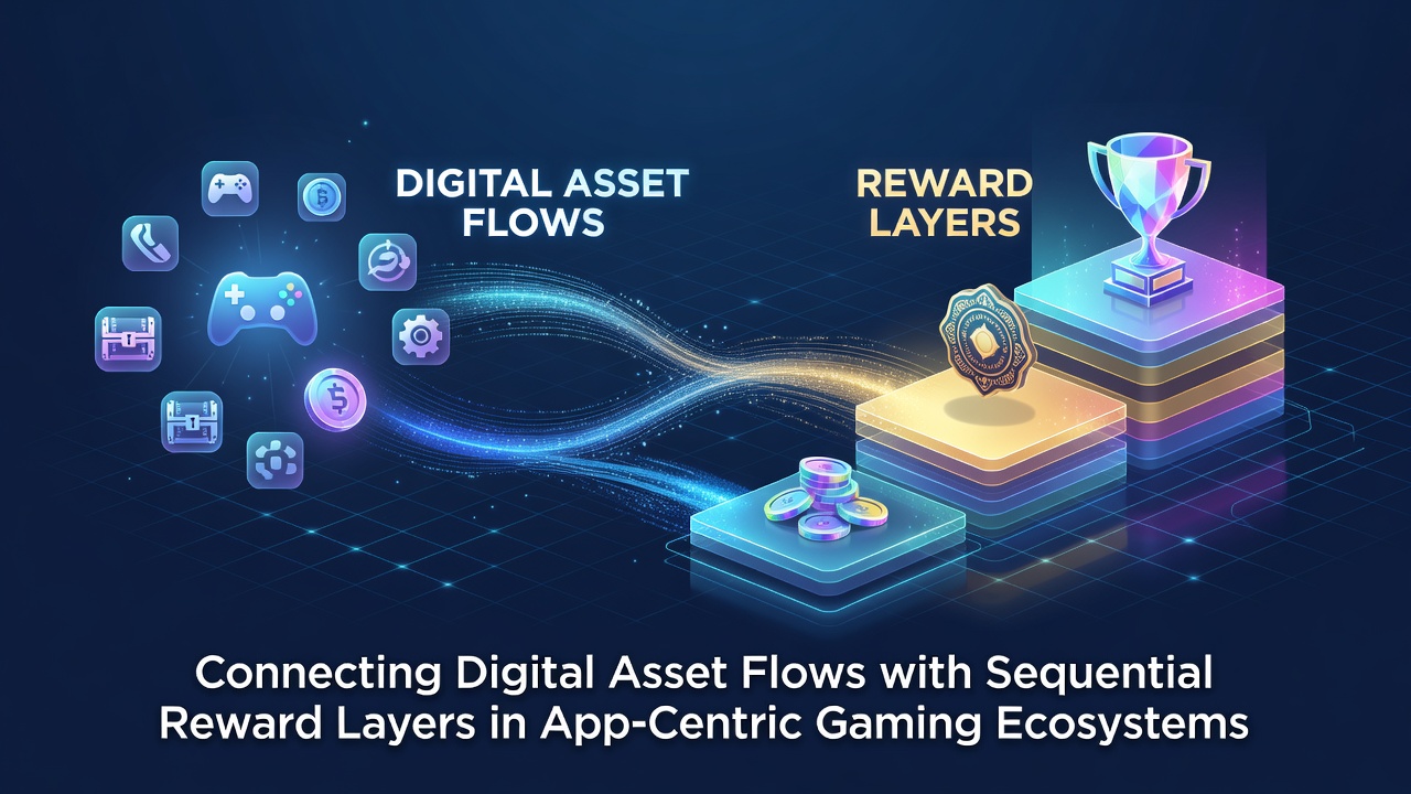 Illustration of digital asset flows integrated with sequential reward layers in mobile gaming apps