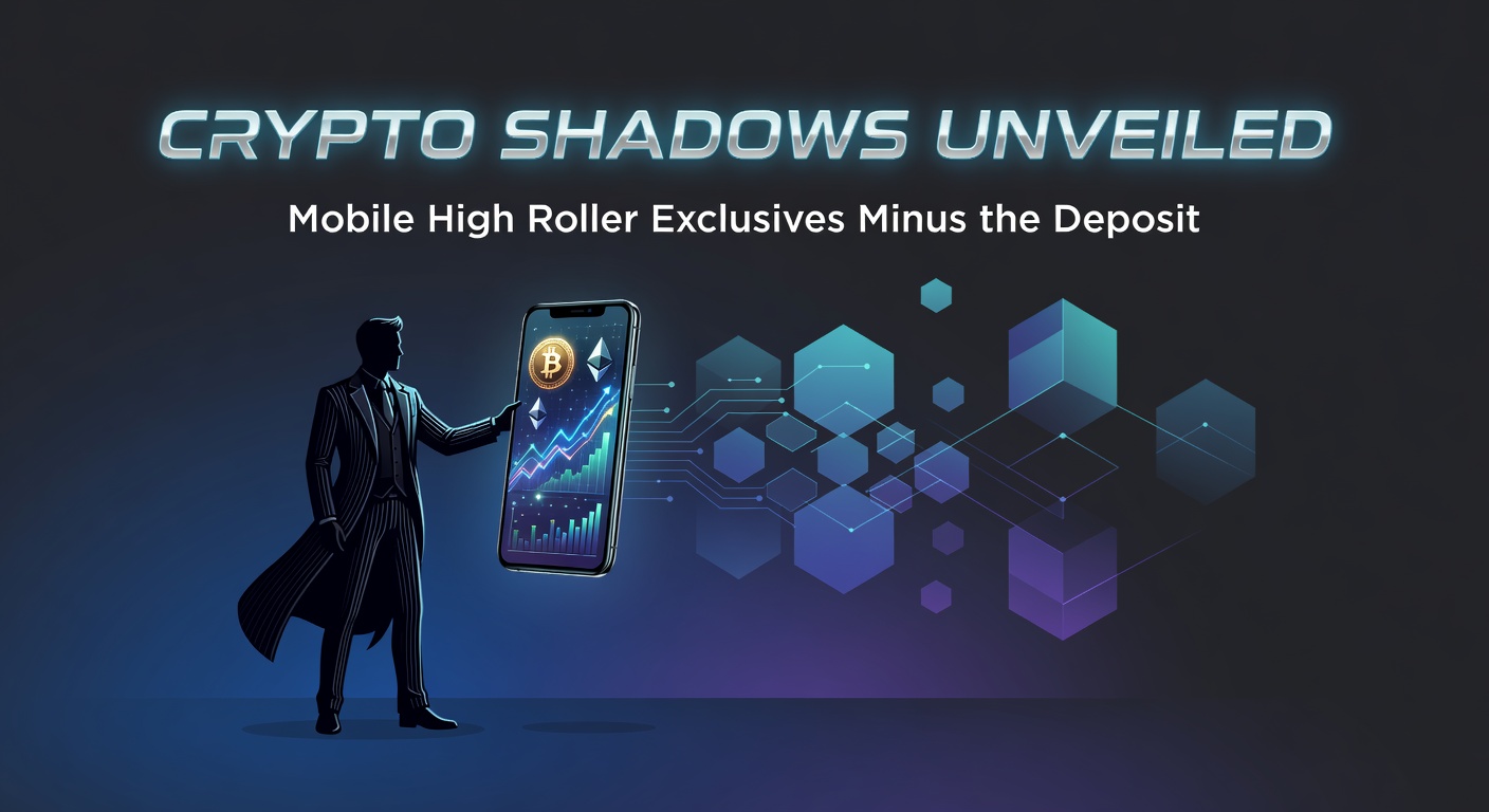 A shadowy figure accessing a mobile crypto casino interface with high-stakes exclusive offers glowing on screen