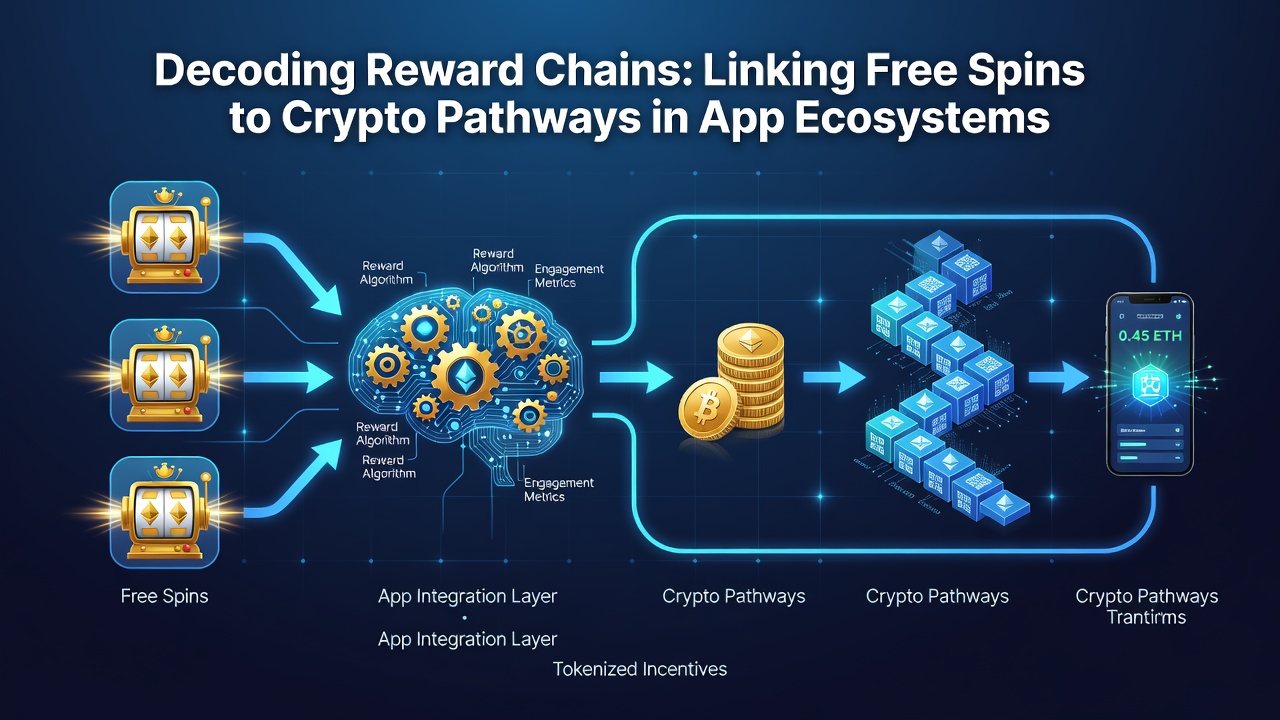 Flow diagram illustrating crypto pathway connections from in-app free spins to external digital wallets in gaming applications