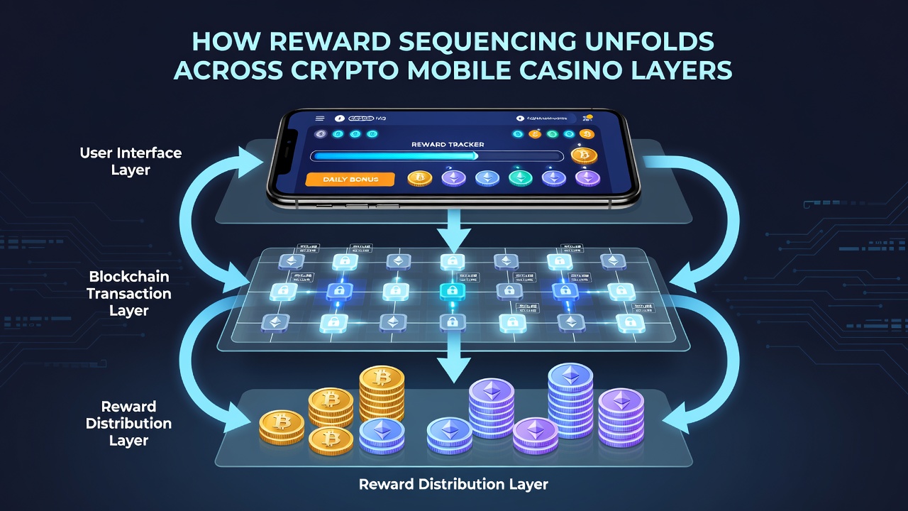 Illustration of layered reward progression from deposit through loyalty tiers in crypto mobile casinos