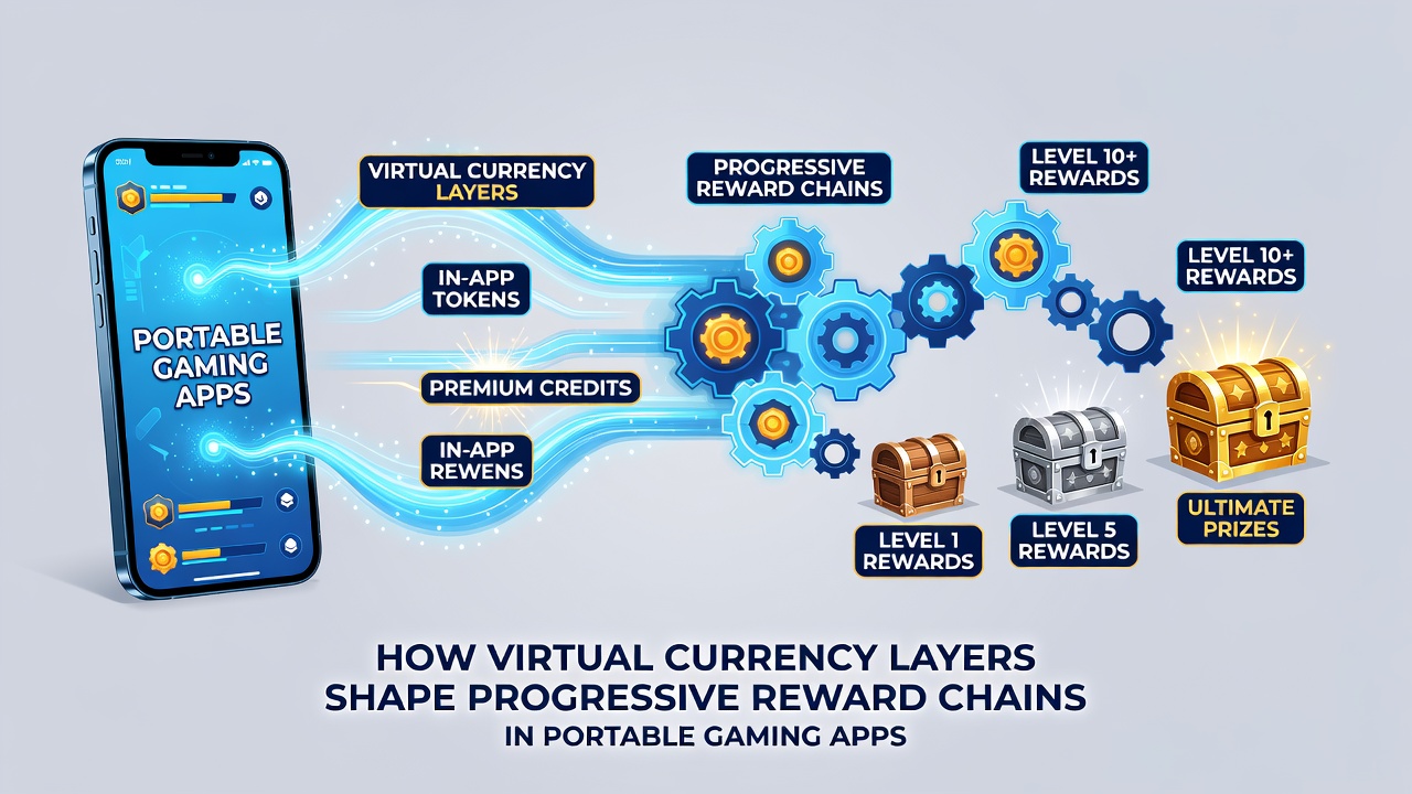 Diagram showing progression from basic coins to premium tokens across mobile game reward stages