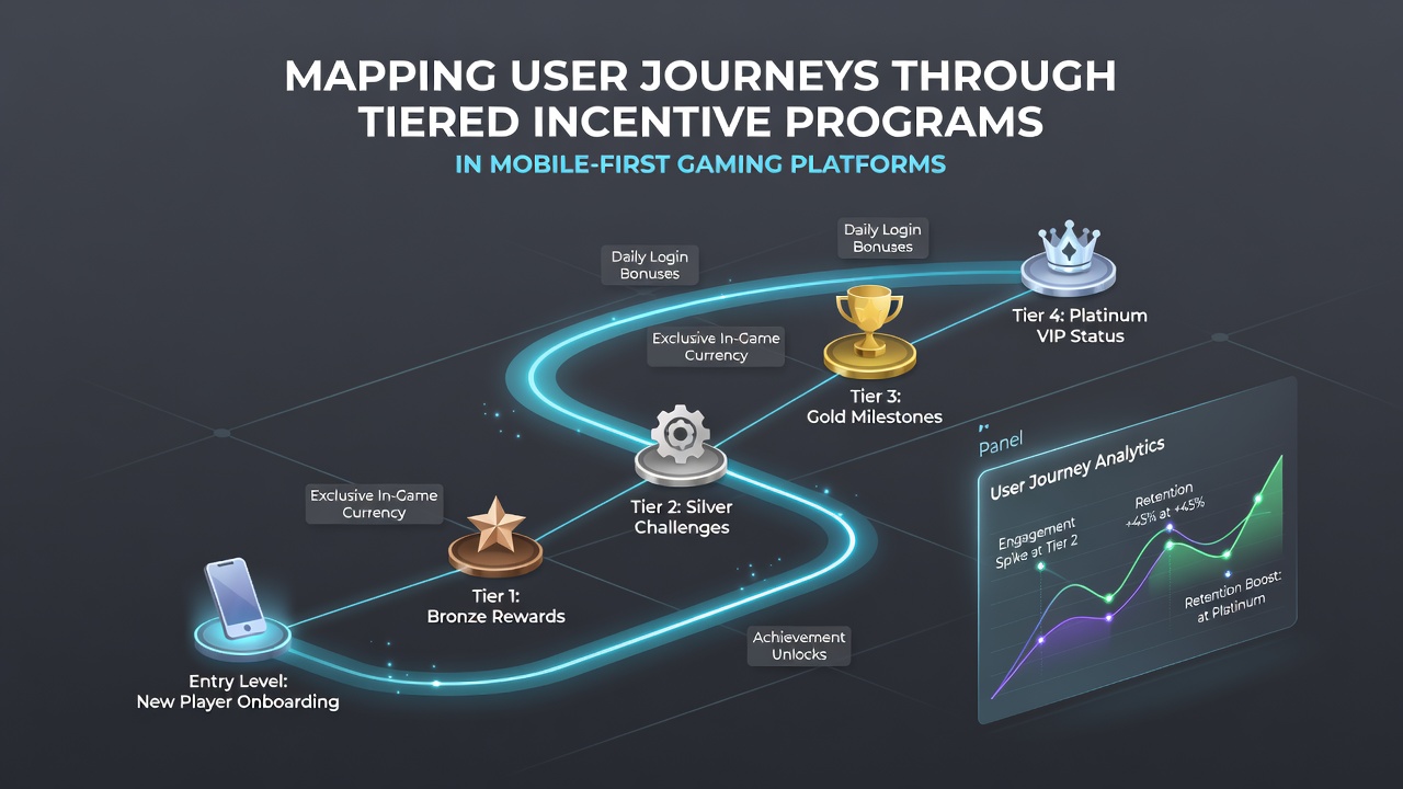 Diagram showing stages of user progression through mobile gaming incentive tiers with connected pathways and reward milestones