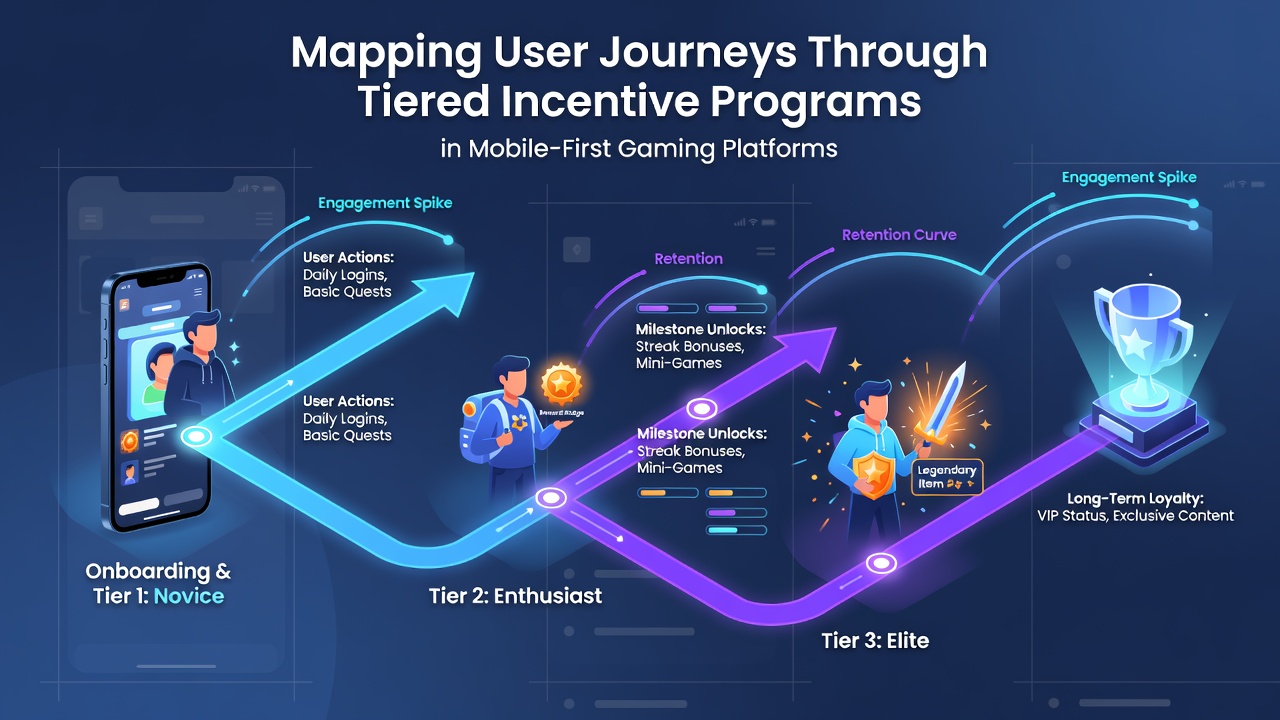 Visualization of mobile app interface displaying tier progression bars and incentive notifications along a user journey timeline