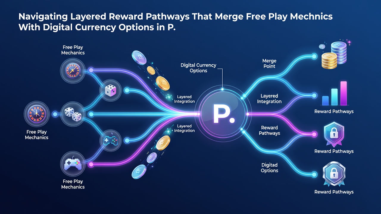Illustration of sequential reward layers connecting free play to digital currency options on mobile devices