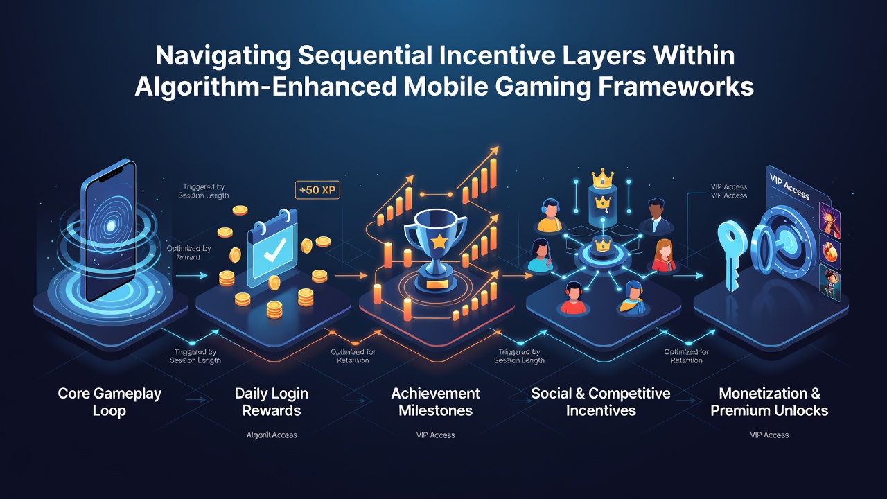Diagram illustrating algorithmic flow through sequential incentive layers in a mobile game environment