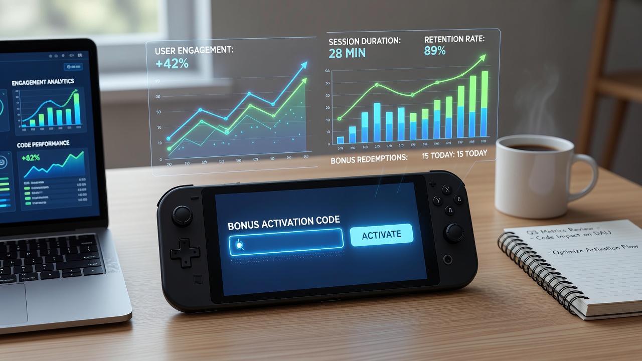 Analytics dashboard showing correlations between bonus code redemptions and mobile gaming retention metrics