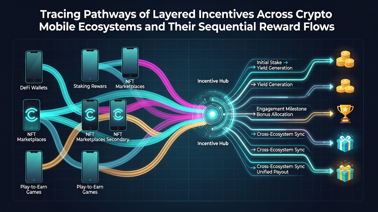 Diagram showing layered incentive structures flowing through crypto mobile gaming networks and reward sequences