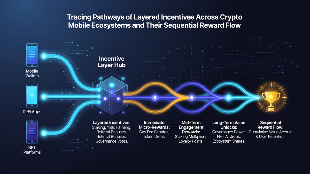 Flowchart illustrating sequential reward distribution across crypto-enabled mobile applications and layered incentive pathways
