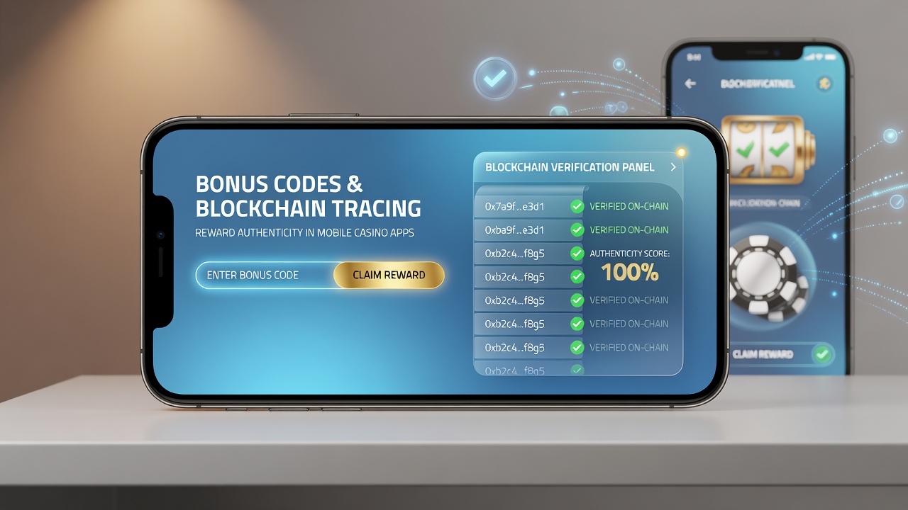 Mobile casino app interface showing blockchain-verified bonus rewards